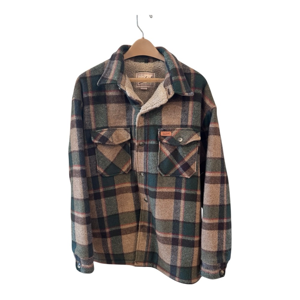 VTG Woolrich Wool Sherpa Lined Jacket Coat Green/Tan/Brown Plaid Men’s Large USA